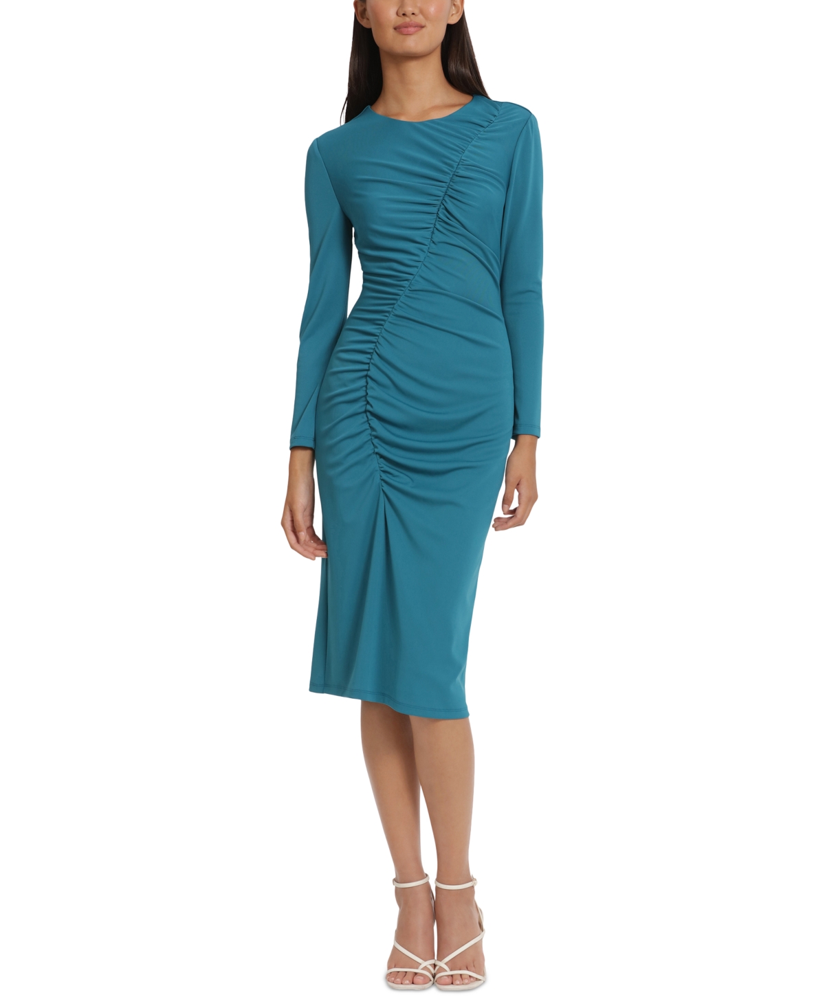 Donna Morgan Women's Round-neck Curved-ruched Dress In Ocean