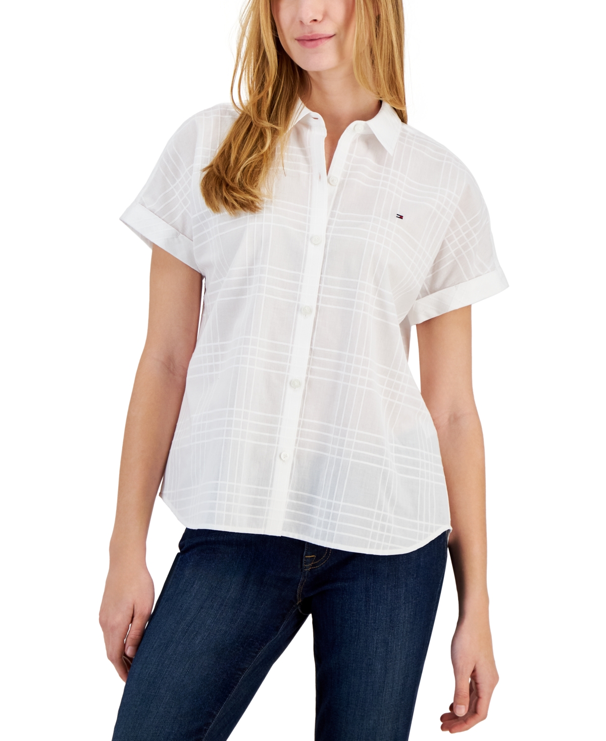 Tommy Hilfiger Women's Cotton Striped Pocket Camp Shirt In Bright White