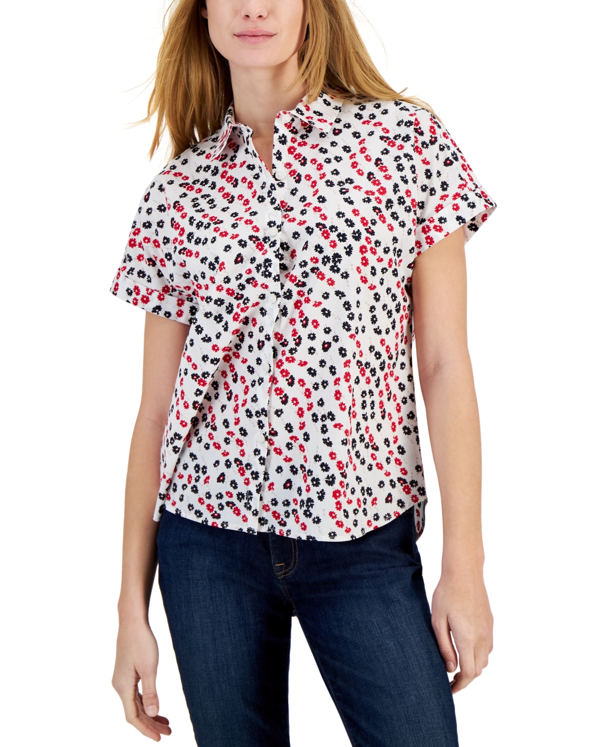 Tommy Hilfiger Women's Cotton Ditsy-floral Printed Shirt In Scarlet Multi