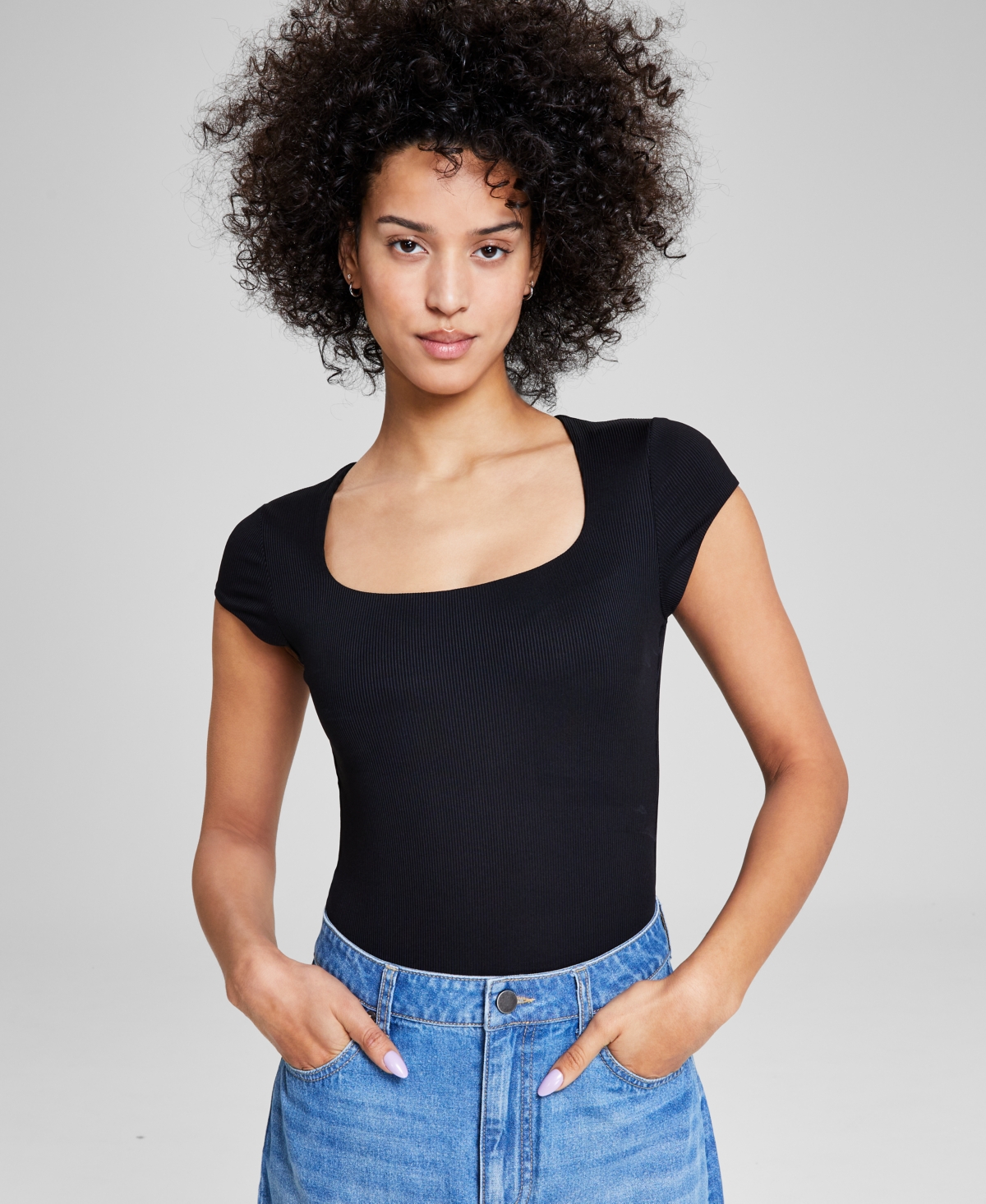 And Now This Women's Double-layered Ribbed Square-neck Bodysuit, Created For Macy's In Black