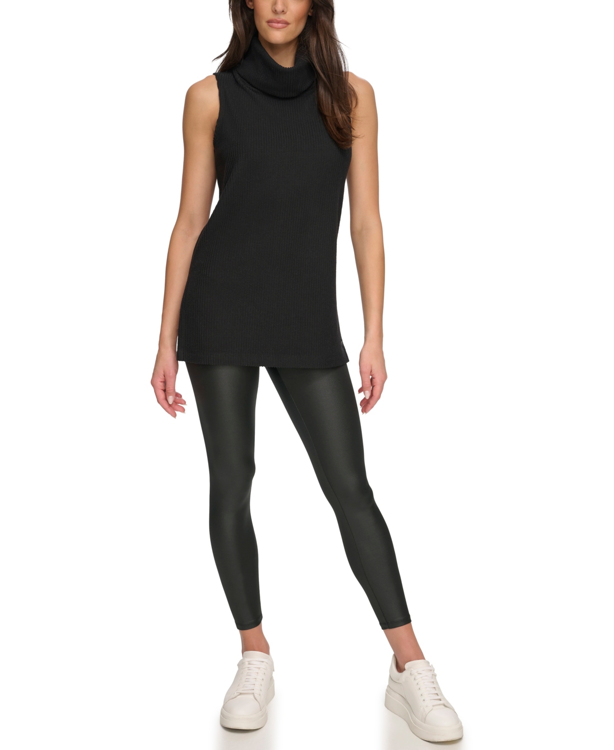 Marc New York Andrew Marc Sport Women's Brushed Rib Sleeveless Turtleneck Tunic With Side Vents Top In Black