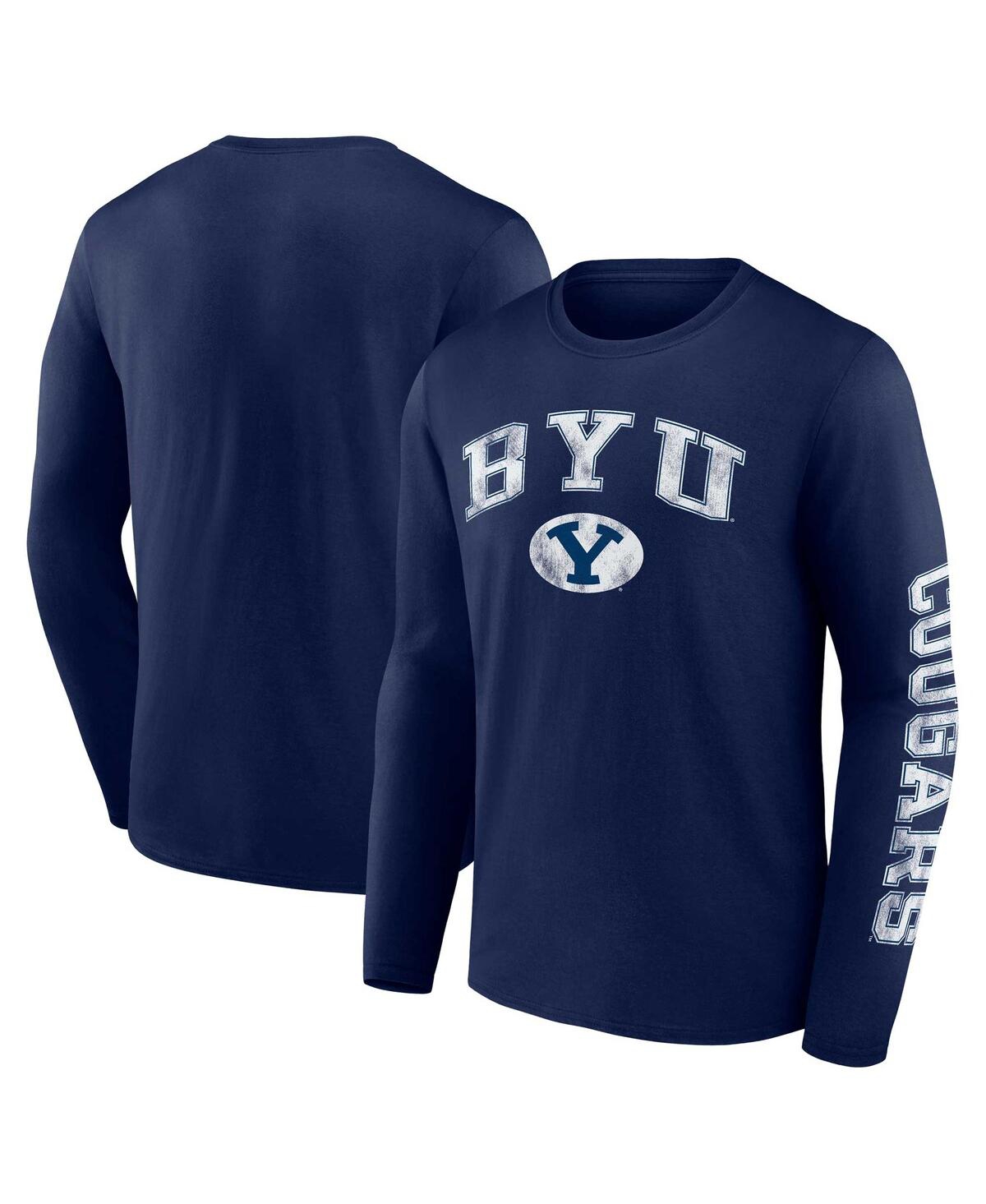 Fanatics Men's  Navy Byu Cougars Distressed Arch Over Logo Long Sleeve T-shirt