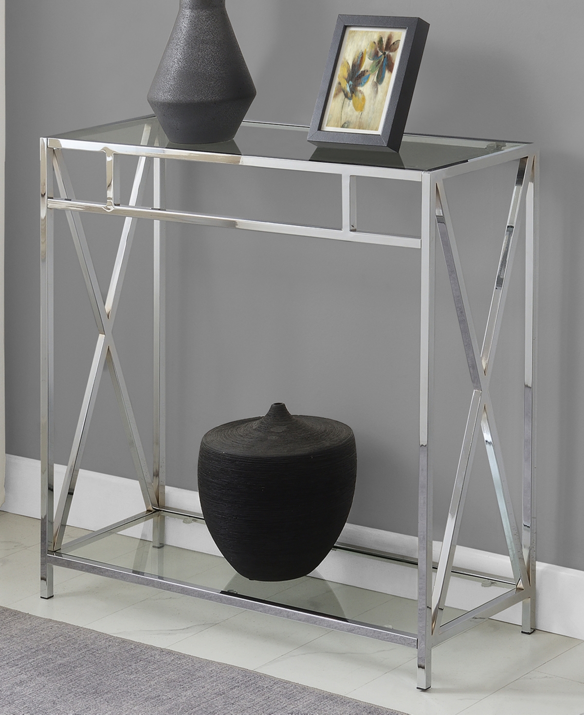 Convenience Concepts 31.5" Oxford Glass Hall Table With Shelf In Glass,chrome