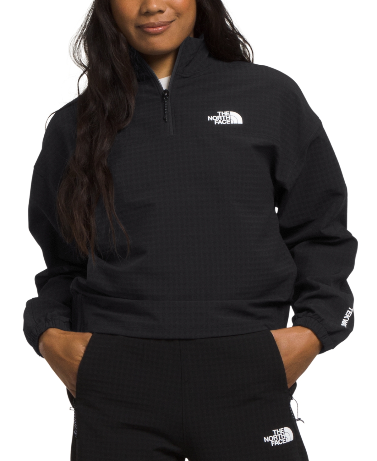 Shop The North Face Women's Tekware Grid-print Quarter-zip Cropped Jacket In Tnf Black
