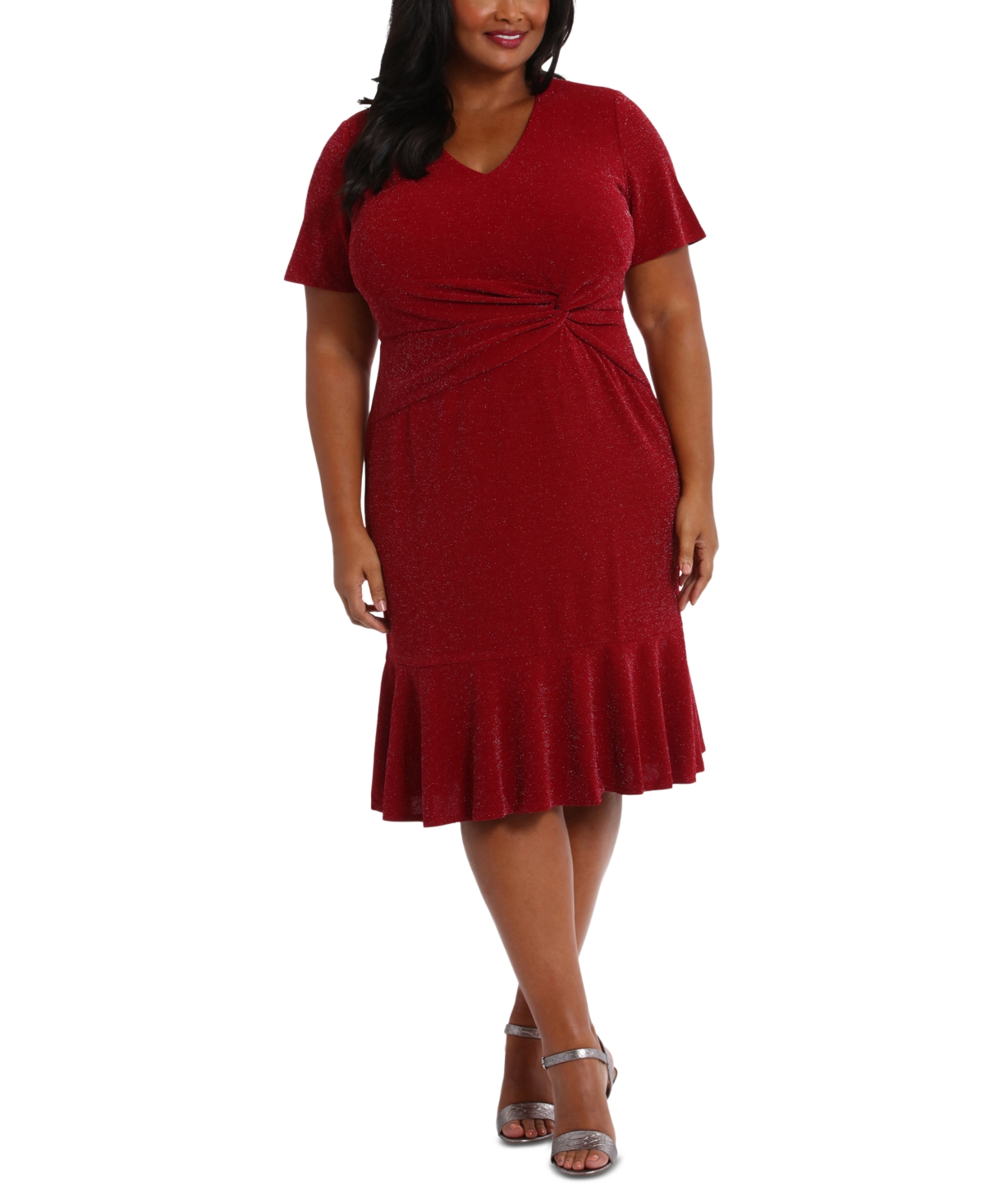 Plus Size V-Neck Short-Sleeve Twist-Detail Dress - Red