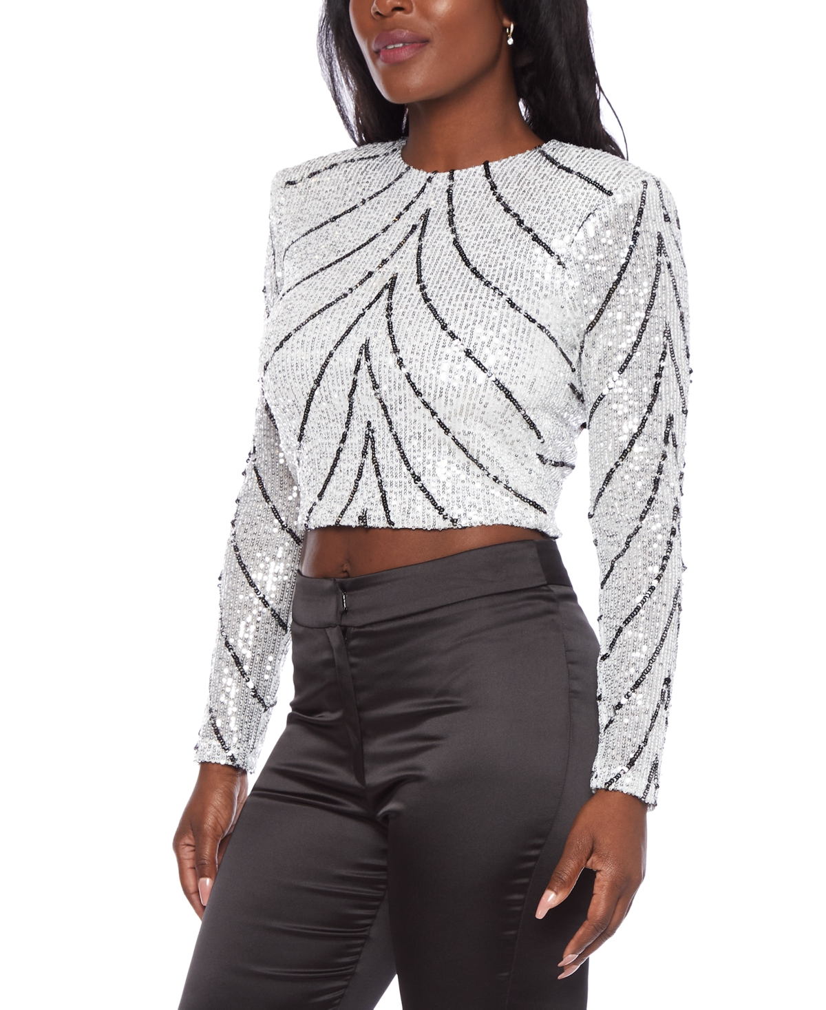 Alex & Sophia Juniors' Scoop-Neck Long-Sleeve Sequin Crop Top -Black