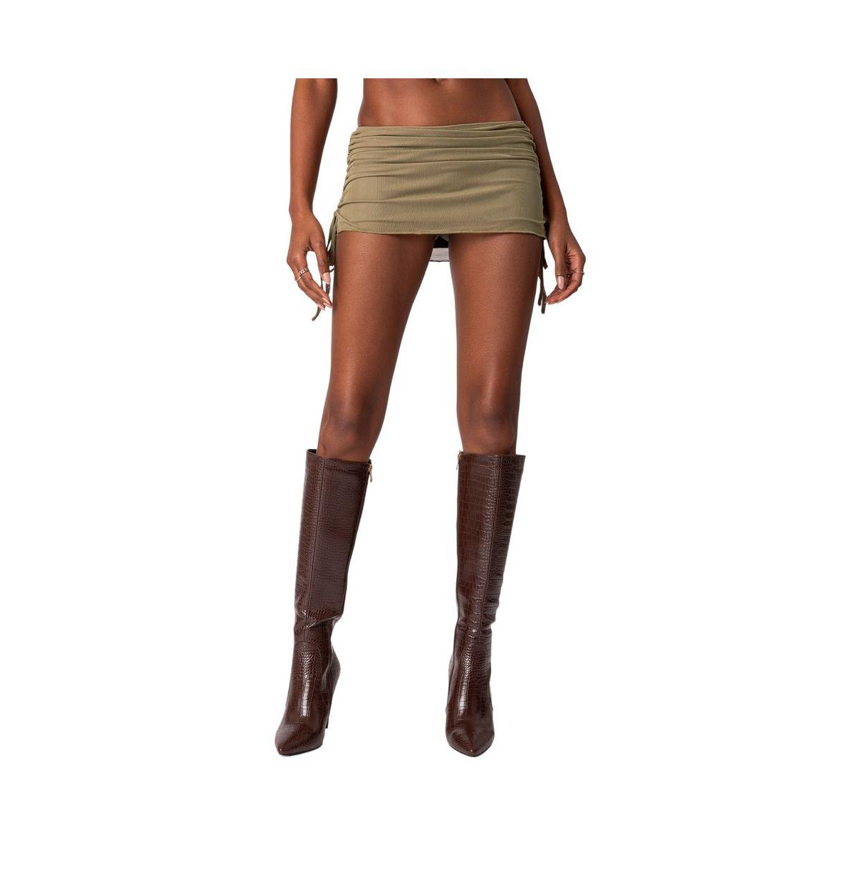Edikted Women's Joy Sheer Mesh Drawstring Mini Skirt In Olive