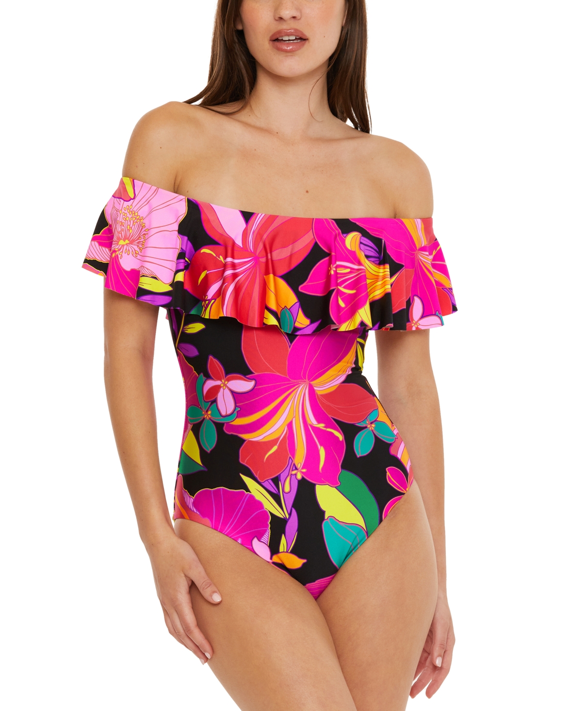 TRINA TURK WOMEN'S SOLAR FLORAL RUFFLED OFF-THE-SHOULDER ONE-PIECE SWIMSUIT