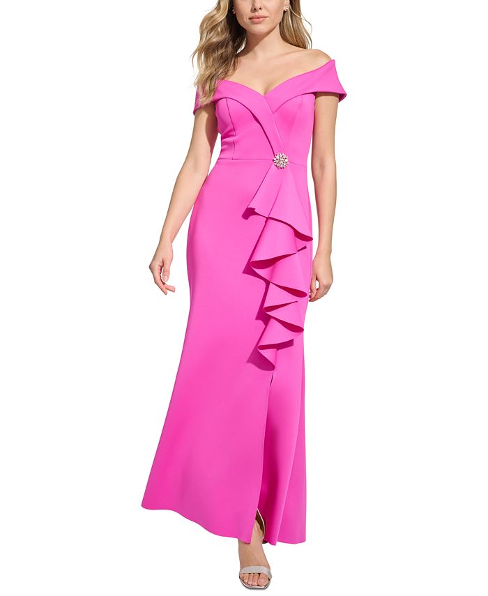 Jessica Howard Petite Off-The-Shoulder Side-Ruffle Gown - Macy's