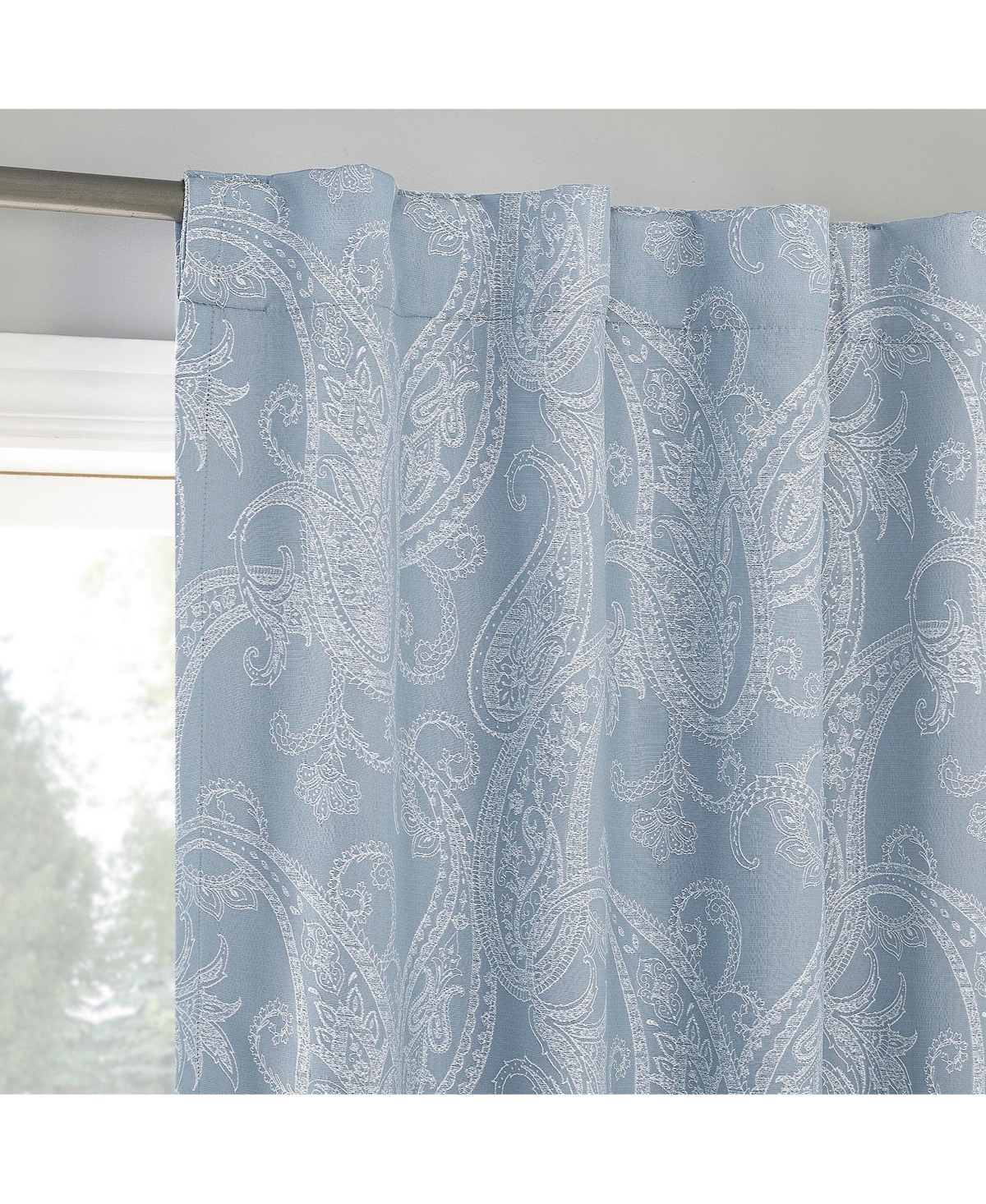Pedra Paisley Embroidery 100% Blackout Back Tab Curtain Panel - Tranquil blue