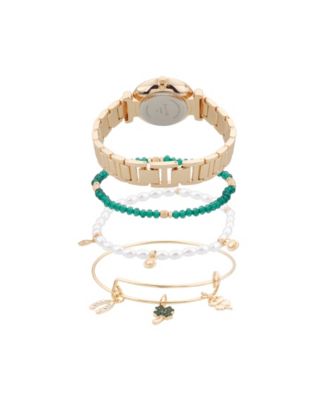 Women's Analog Shiny Gold-Tone Metal Strap Watch 33mm 4 Pieces Bracelet Gift Set