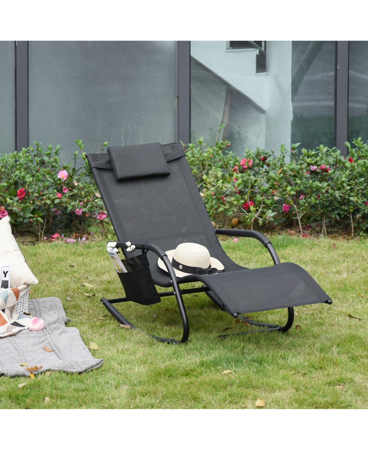 Outsunny Outdoor Rocking Chair, Patio Sling Sun Lounger, Pocket, Recliner Rocker, Lounge Chair with Detachable Pillow for Deck, Garden, or Pool