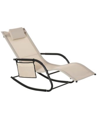 Outdoor Rocking Chair, Patio Sling Sun Lounger, Pocket, Recliner Rocker, Lounge Chair with Detachable Pillow for Deck, Garden, or Pool, Cream White