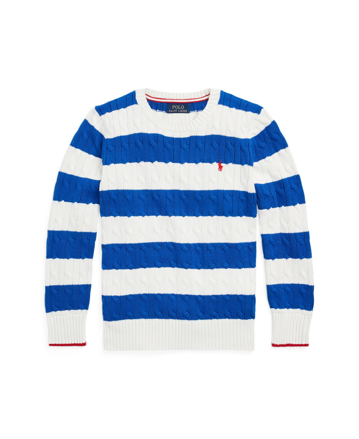Shop Polo Ralph Lauren Big Boys Striped Cable-knit Cotton Sweater In Sapphire Star,deckwash White