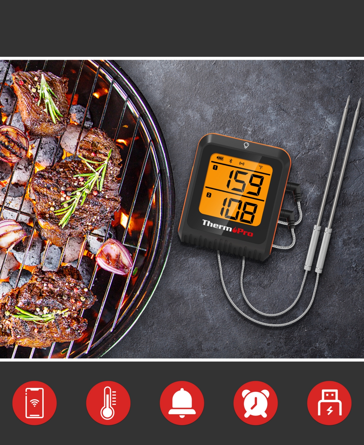 Thermopro Pack Of 1 Tp920w 500' Range Smart Bluetooth Meat Food Thermometer In Black