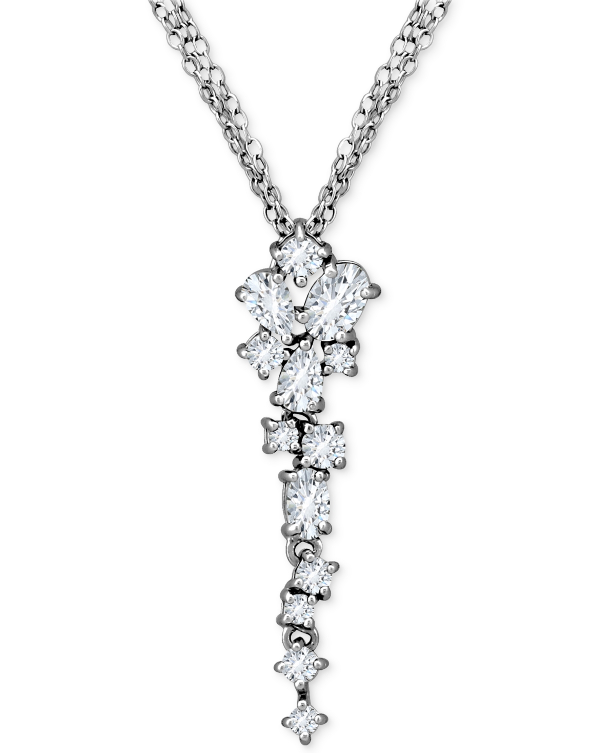 Macy's Cubic Zirconia Cluster Triple Strand 18" Lariat Necklace In Sterling Silver, Created For