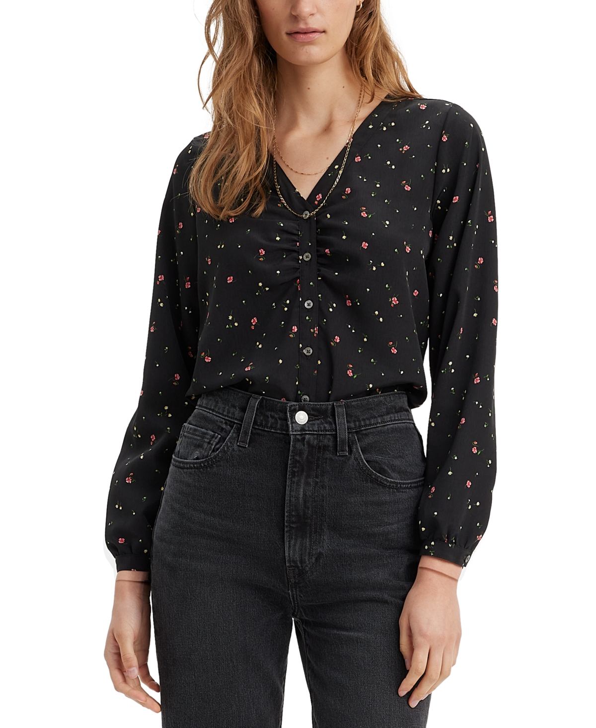 Levi's Women's Zenda Ruched Long-sleeve Blouse In Kitty Floral Caviar