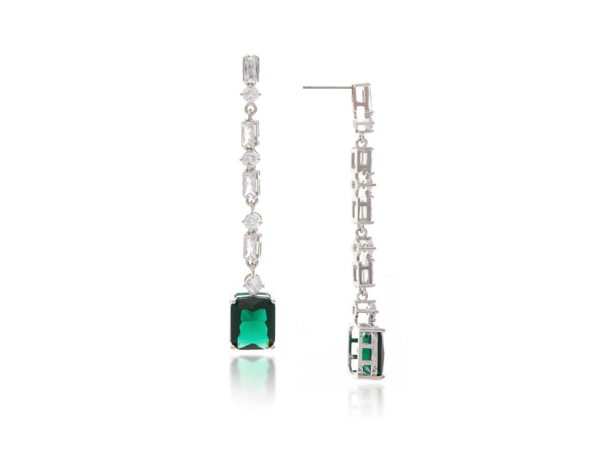 White Rhodium Clad Emerald Crystal + Cubic Zirconia Earrings - Silver
