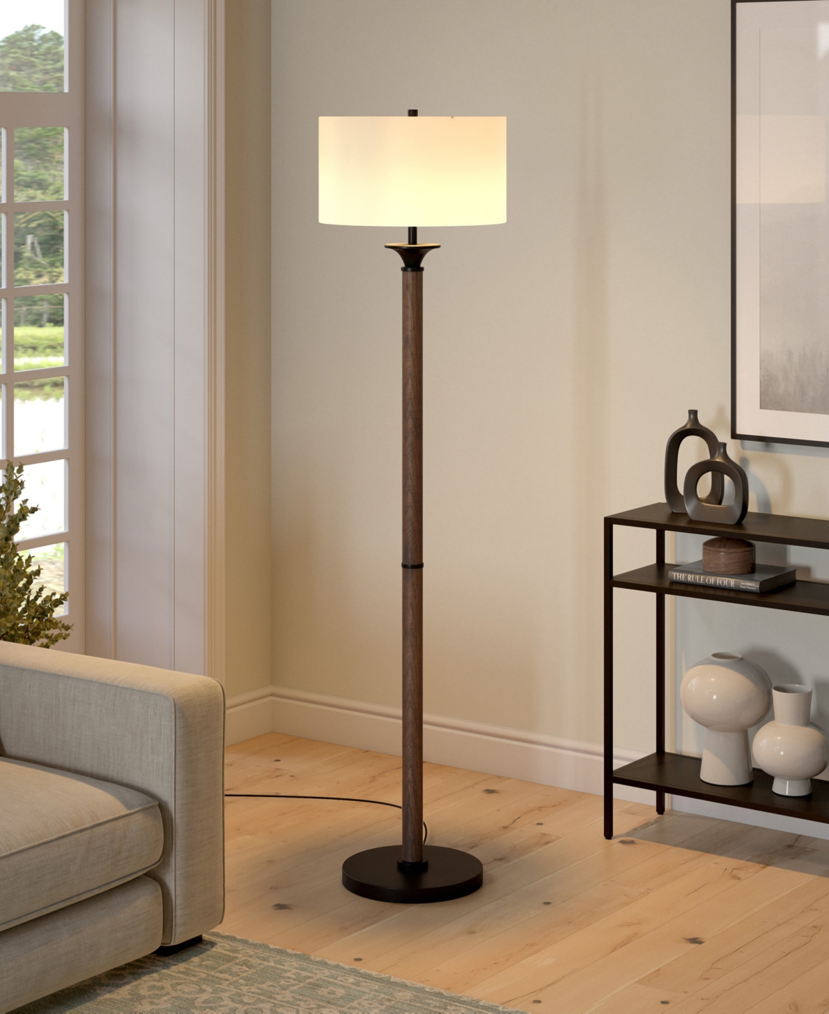 Shop Hudson & Canal Delaney 66" Tall Floor Lamp With Linen Shade In Rustic Oak,blackened Bronze