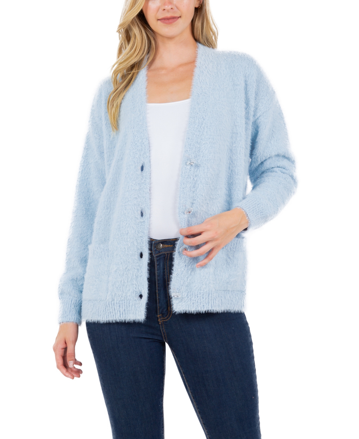 Fever Women's Feather Cardigan Sweater With Jewel Button In Cashmere Blue