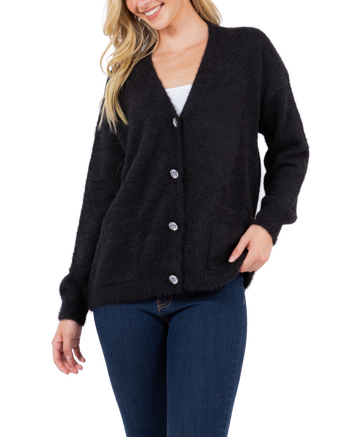 Fever Women's Feather Cardigan Sweater With Jewel Button In Black