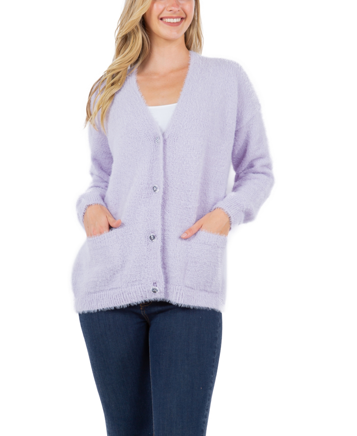 Women's Feather Cardigan Sweater with Jewel Button - Orchid Petal
