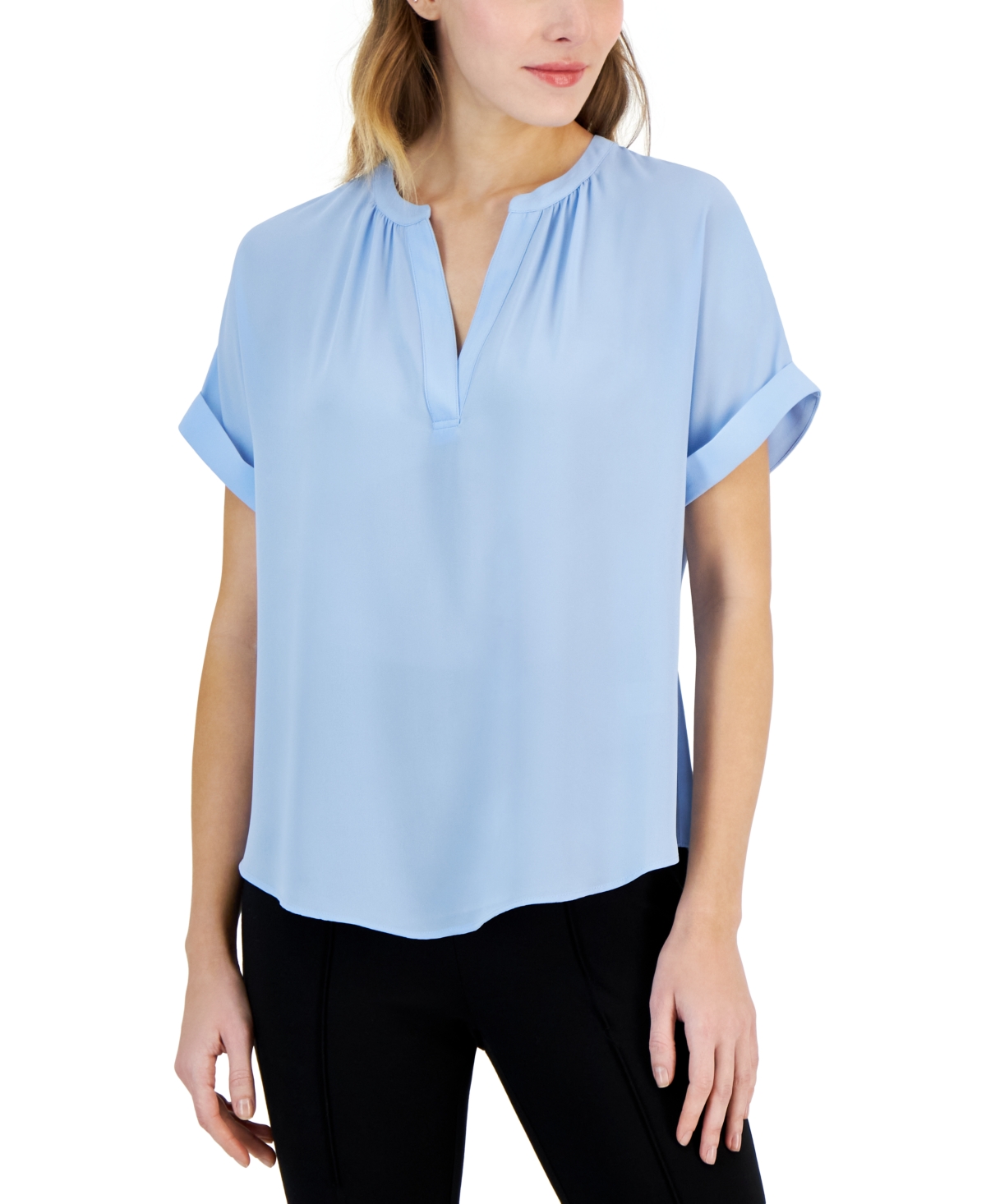 T Tahari Women's Split-Neck Rolled-Cuff Top