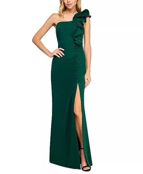 juniors' ruffled one-shoulder gown