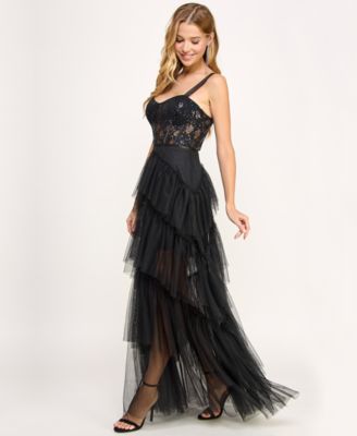 City Studios Juniors' Ruffle-Tiered Sequin-Lace Gown, Created for Macy's