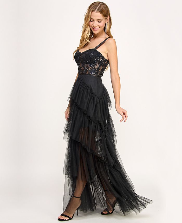 City Studios Juniors' Ruffle-Tiered Sequin-Lace Gown, Created for Macy ...