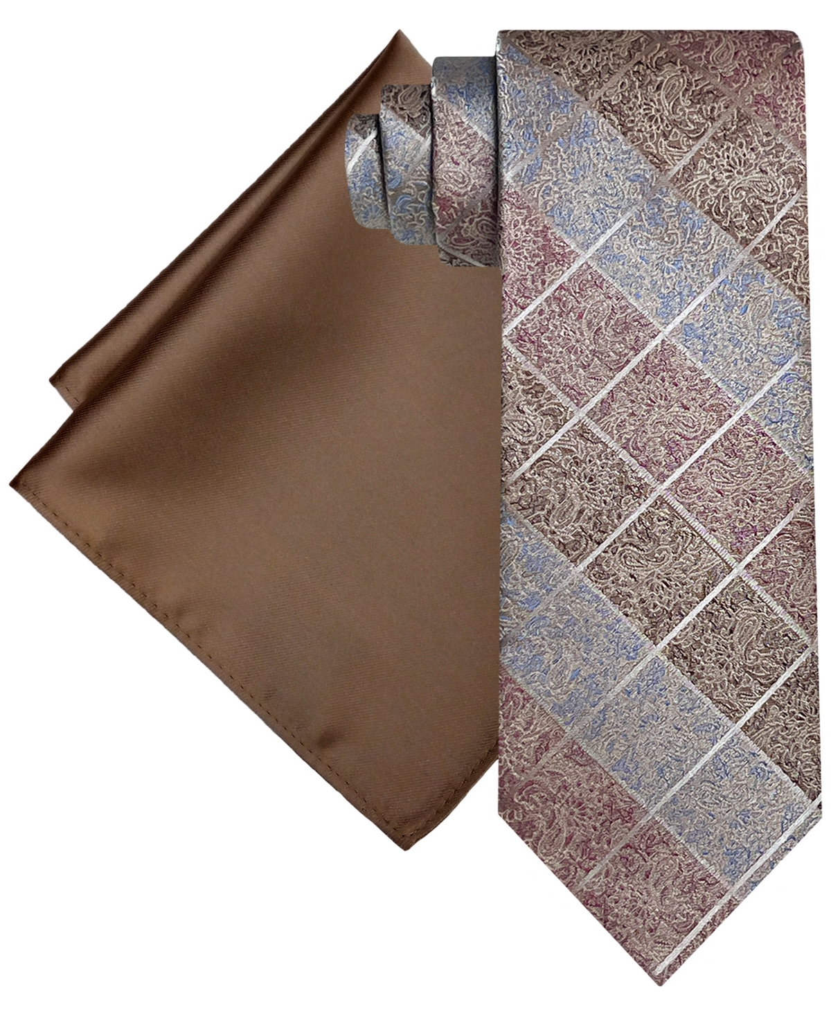 Steve Harvey Men's Fancy Grid Tie & Solid Pocket Square Set In Taupe