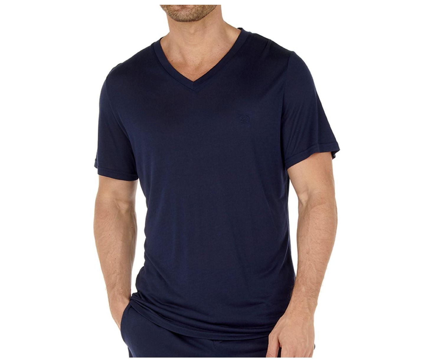 Мужская рубашка HOM Short Sleeve V-Neck, цвет: Тёмно-синий — фото 1