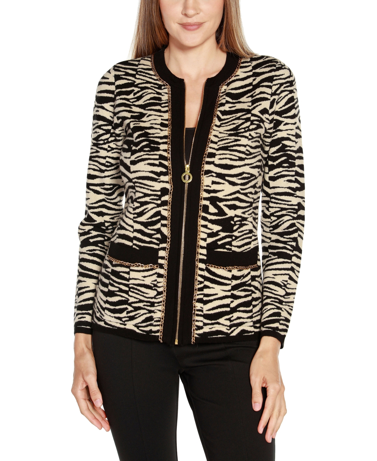 Belldini Black Label Plus Size Zebra Jacquard Sweater Jacket In Black,cream,gold