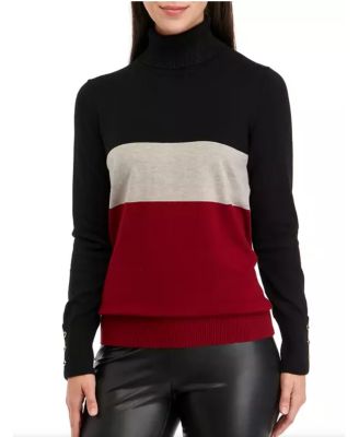 Black And Red Color Block Turtleneck Sweater