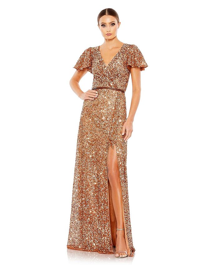 Mac Duggal Women's Sequined Wrap Over Butterfly Sleeve Draped Gown - Macy's