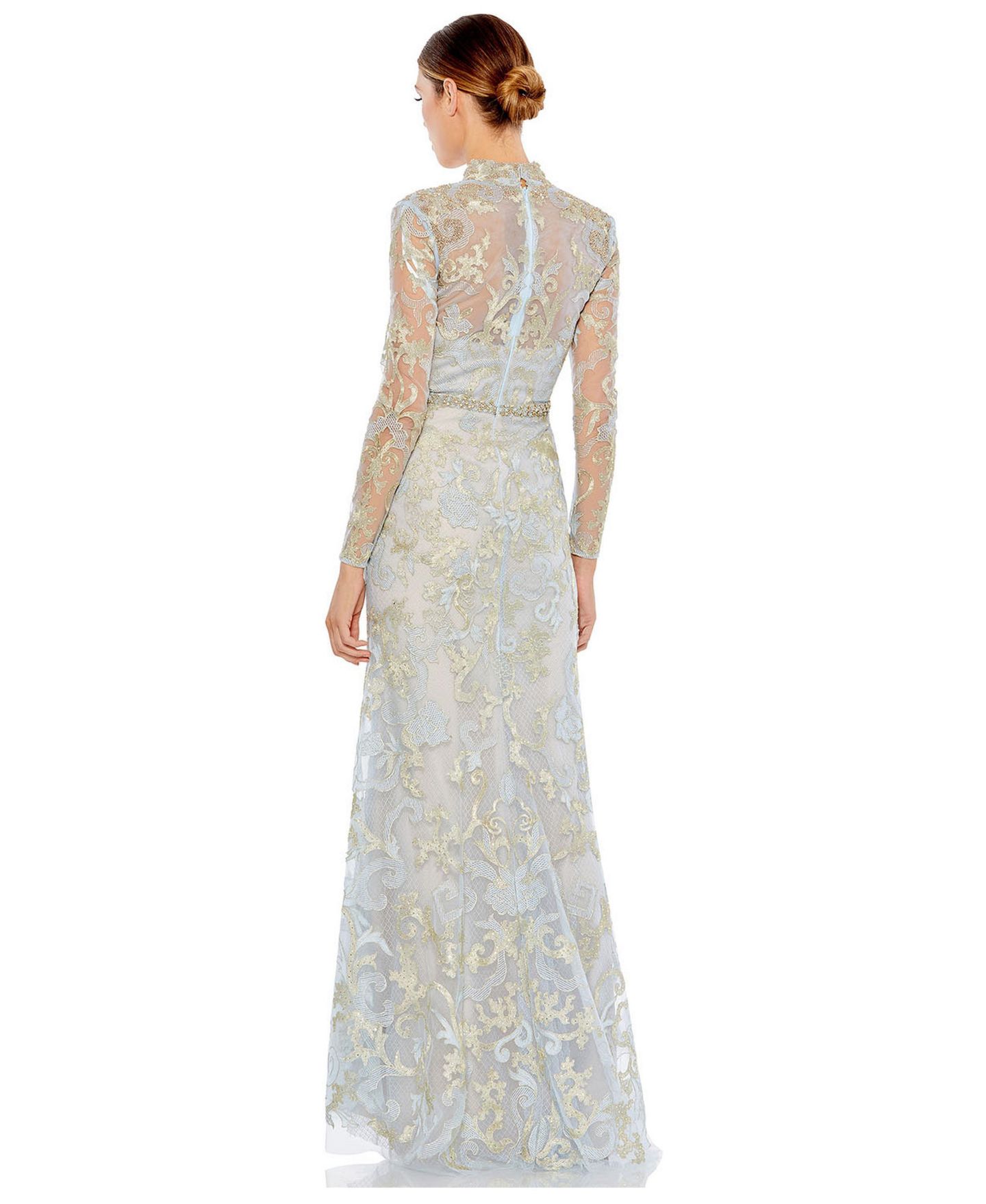 Женские платья Mac Duggal Long Sleeve Applique V-Neck Gown, цвет: Пудрово-голубой — фото 2