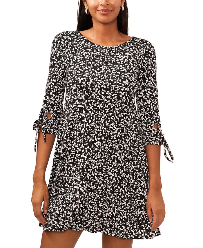 MSK Women's Printed Sleeve Smocked Cuff Shift Dress Black Size Medium
