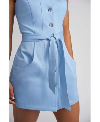 Women's Taylor Button Front Ponte Mini Dress with Large Front Pockets and Optional Belt