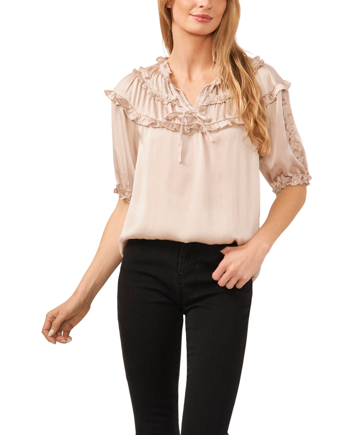 Cece Women's Short Sleeve Shirred Yoke Top With Self Neck Tie In Champagne