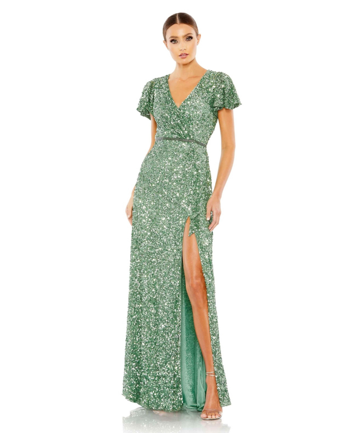 MAC DUGGAL WOMEN'S SEQUINED WRAP OVER BUTTERFLY SLEEVE DRAPED GOWN