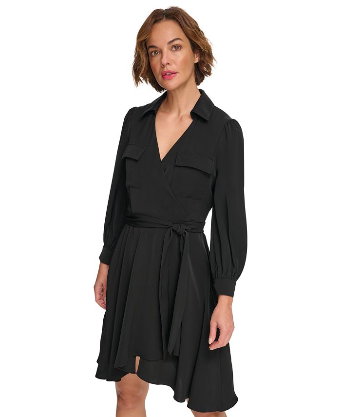 DKNY Women's Balloon Sleeve Faux Wrap Dress White Size 2Petite