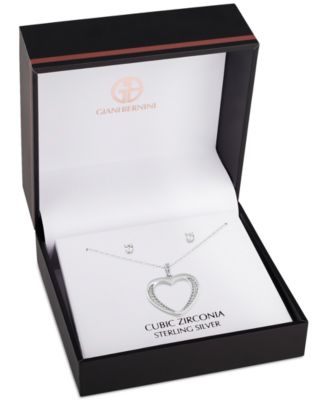 2-Pc. Set Cubic Zirconia Open Heart Pendant Necklace & Solitaire Stud Earrings in Sterling Silver, Created for Macy's