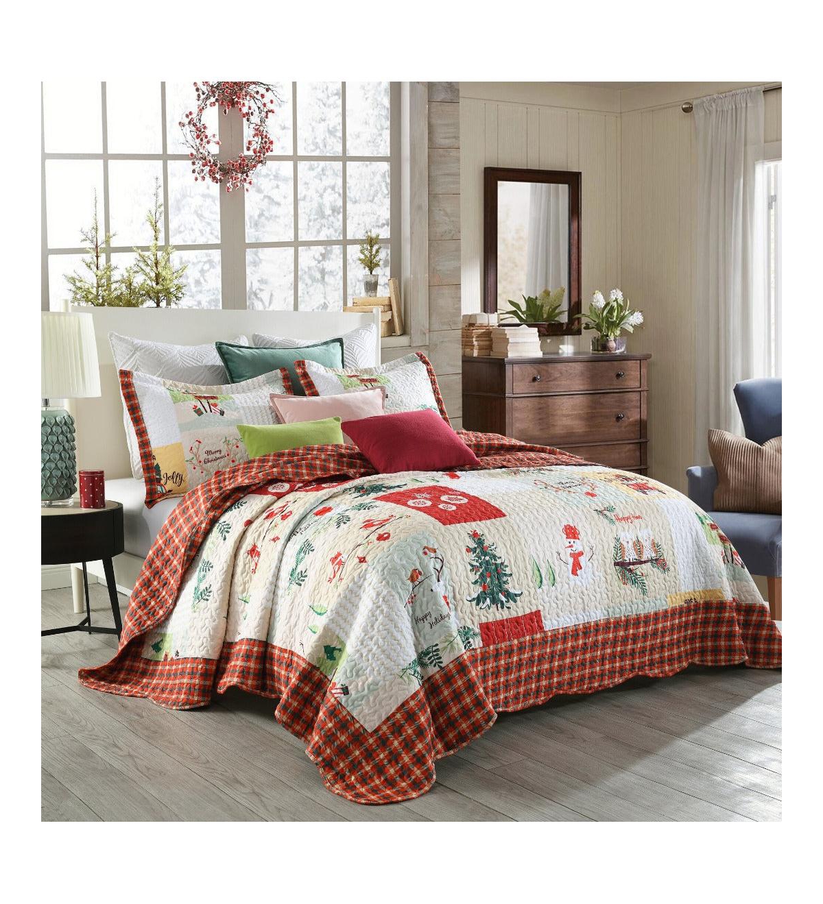 MarCielo 3 Piece Christmas Quilt Bedspread Set B022 -