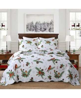 3 Pcs Winter Cardinals Christmas Quilt Bedspread Set C79 - King