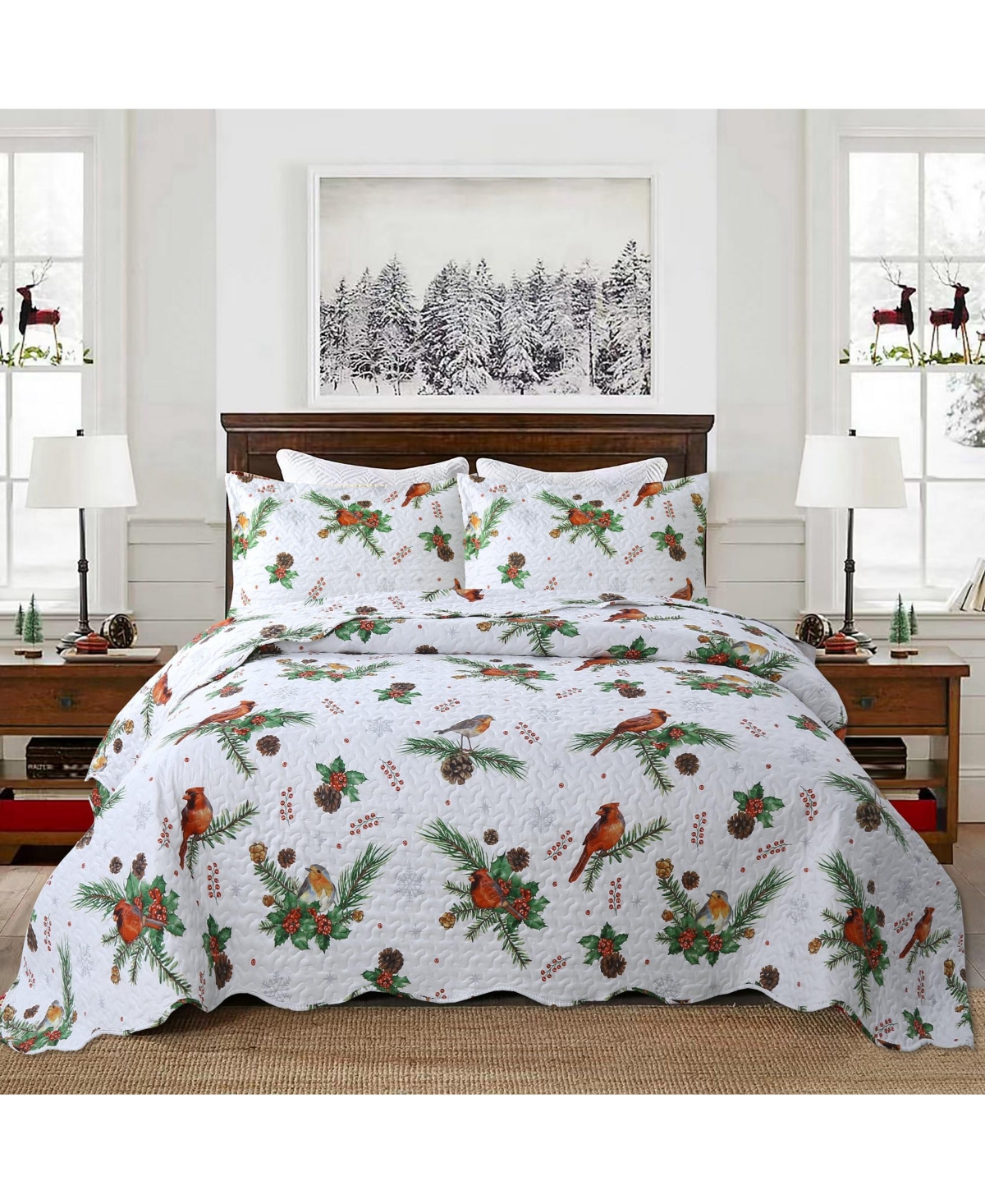 MarCielo 3 Pcs Winter Cardinals Christmas Quilt Bedspread Set C79