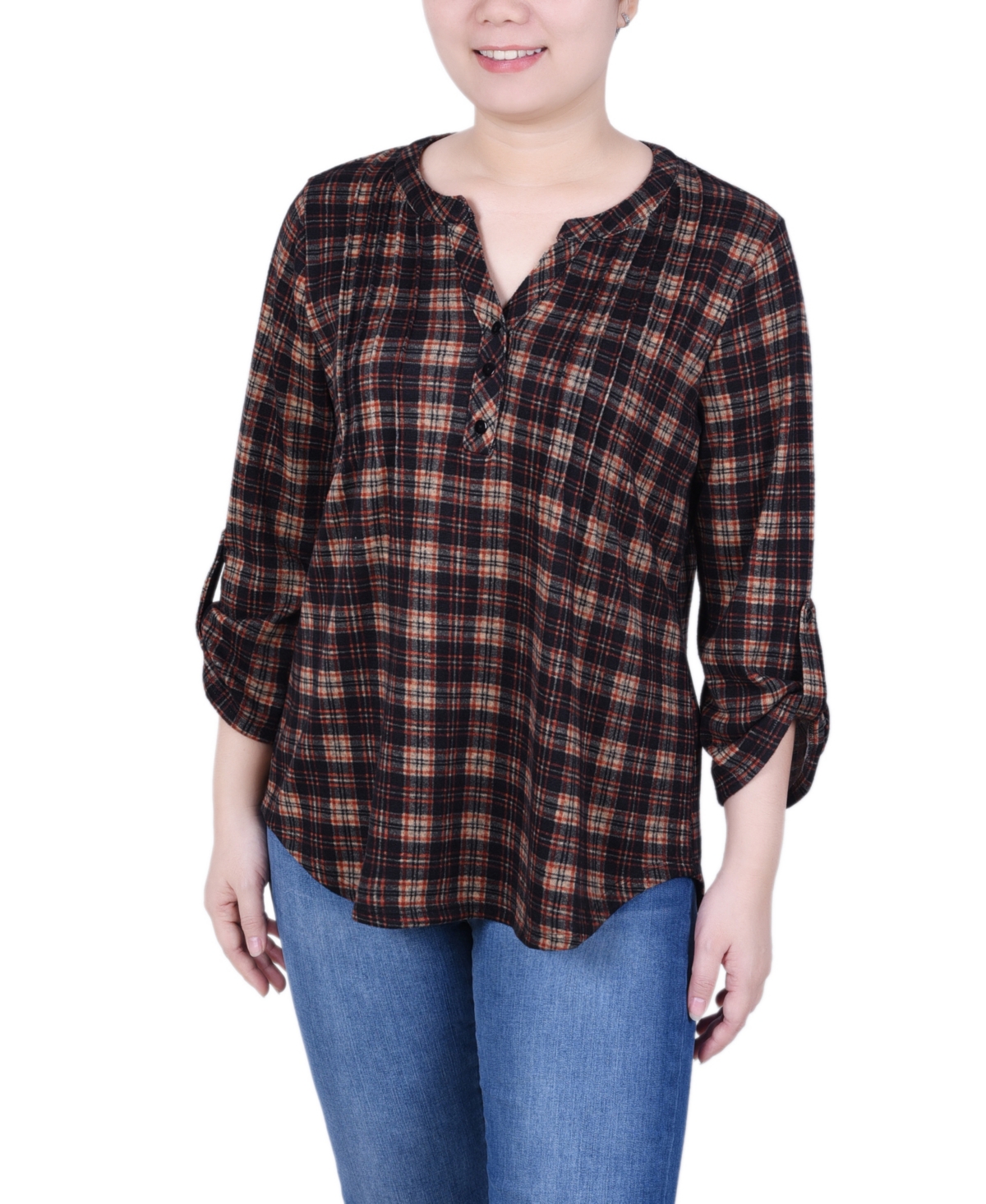 Ny Collection Petite Size 3/4 Roll Sleeve Top In Nude Black Plaid
