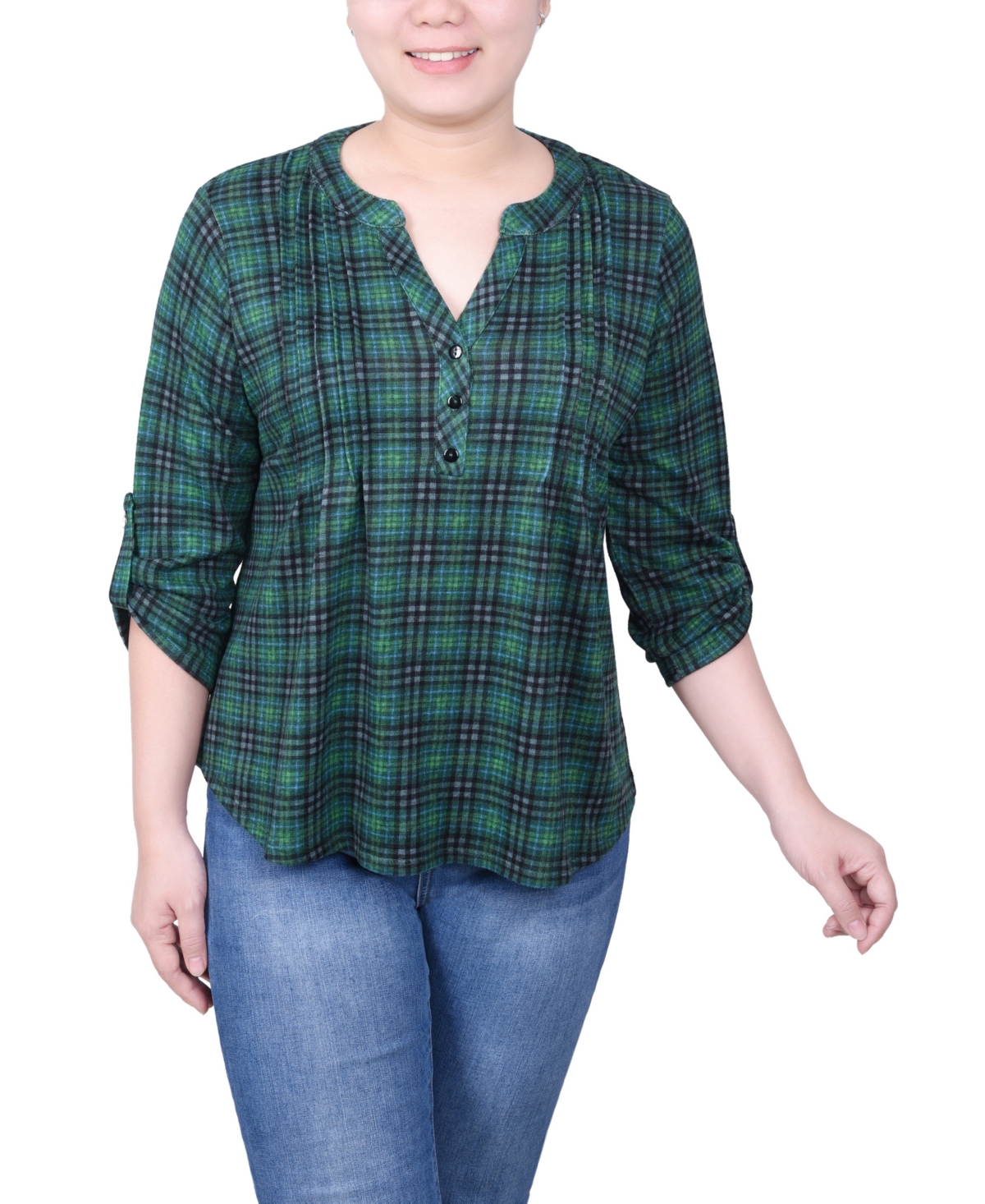 Ny Collection Petite Size 3/4 Roll Sleeve Top In Green Blue Plaid