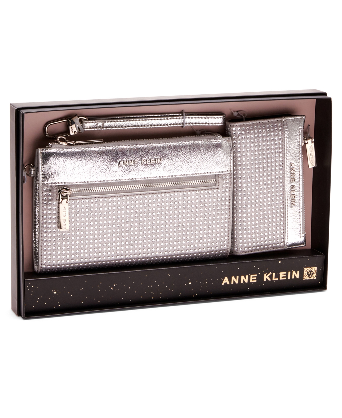 Anne Klein Rhinestone Zip Clutch And Card Case Gift Set, 2 Piece In Silver