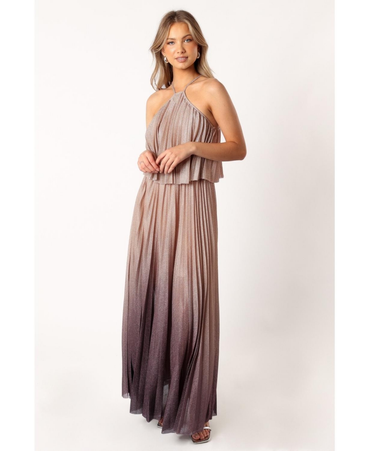 Petal And Pup Gia Pleated Halterneck Maxi Dress In Gold Purple
