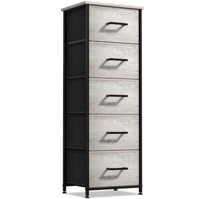 5-Pc Steel Frame Dresser with Wood Top & Fabric Bins - Narrow Storage Nightstand for Home & Office